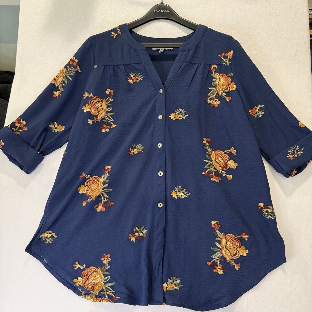 FIG & FLOWER Navy Embroidered Floral‎ Boho Women's Roll Tab Sleeve Top Blouse 1X